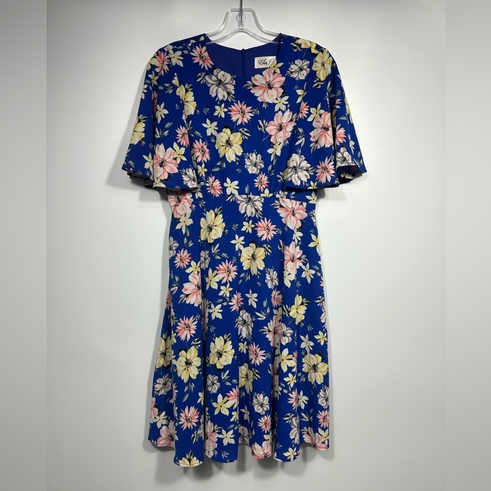 Eliza J Blue/Pink Floral Print Peasant Feminine Flutter Sleeve Mini Dress Size 6